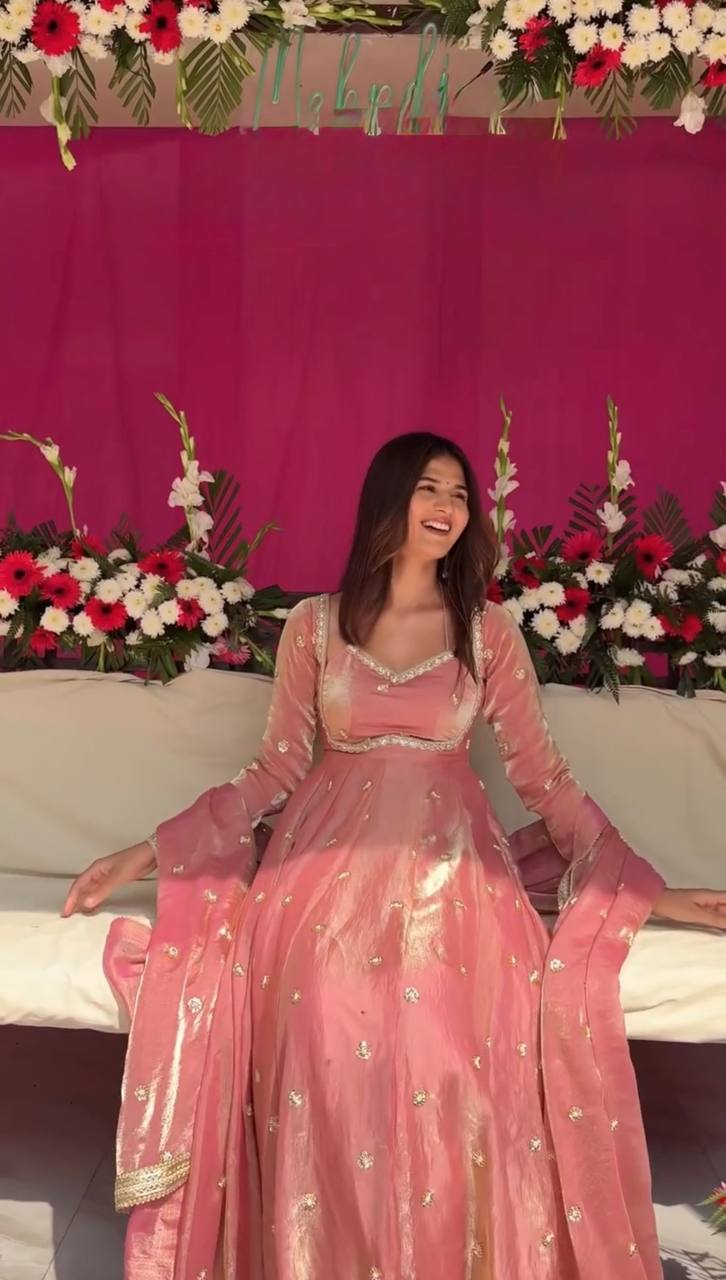 Designer Peach Color Fendy Silk Thread Work Anarkali Suit