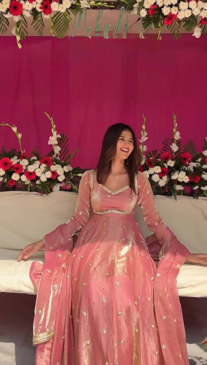 Designer Peach Color Fendy Silk Thread Work Anarkali Suit