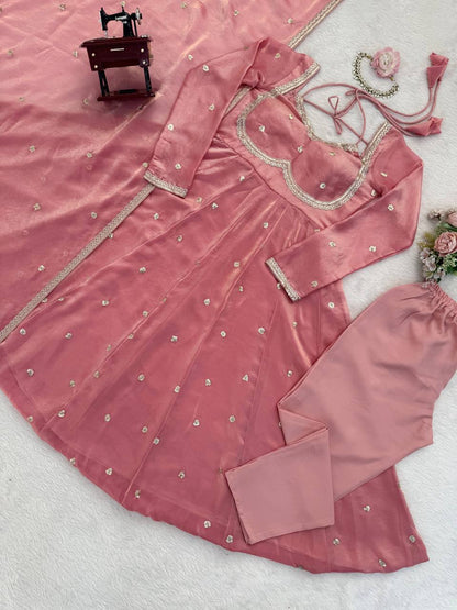 Designer Peach Color Fendy Silk Thread Work Anarkali Suit