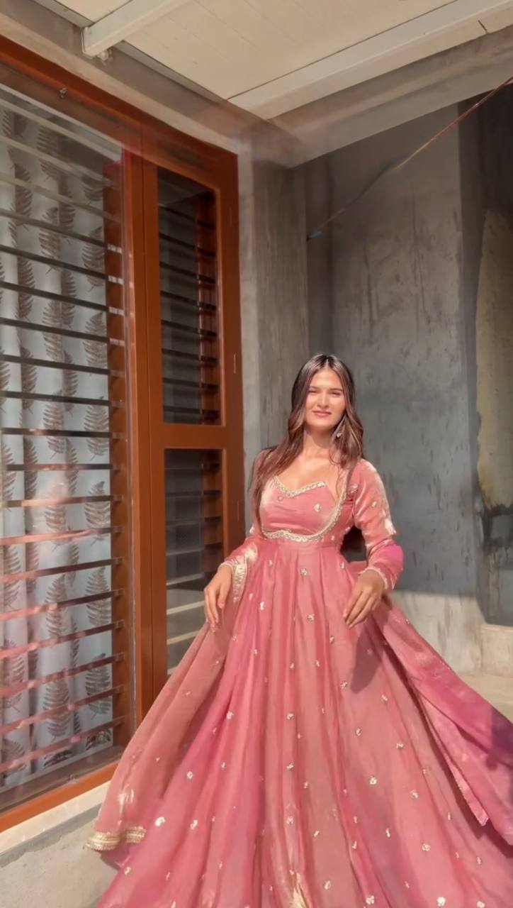 Designer Peach Color Fendy Silk Thread Work Anarkali Suit