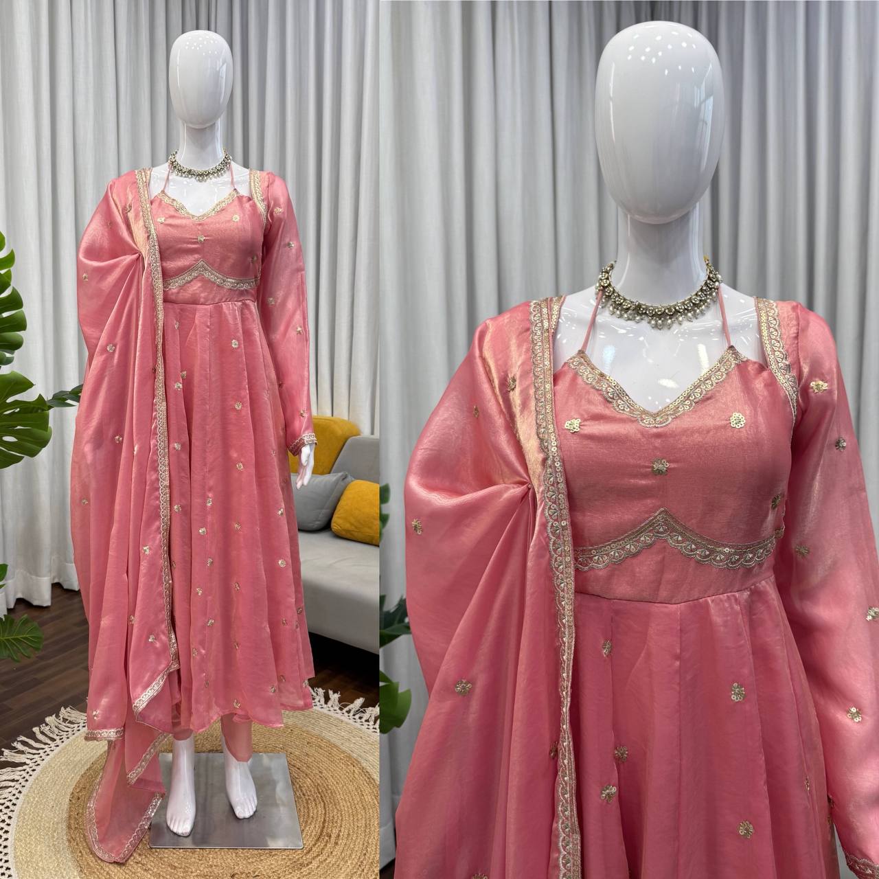 Designer Peach Color Fendy Silk Thread Work Anarkali Suit