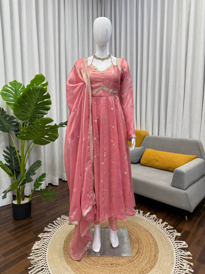 Designer Peach Color Fendy Silk Thread Work Anarkali Suit