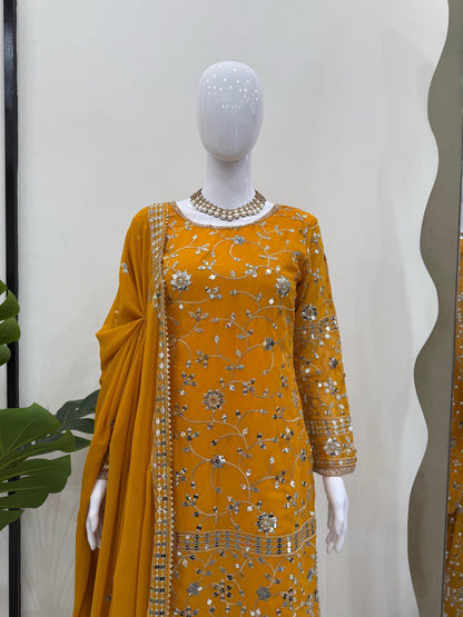 Captivating Mustard Color Faux Georgette And Thread With 9mm Sequence Work Sharara Suit