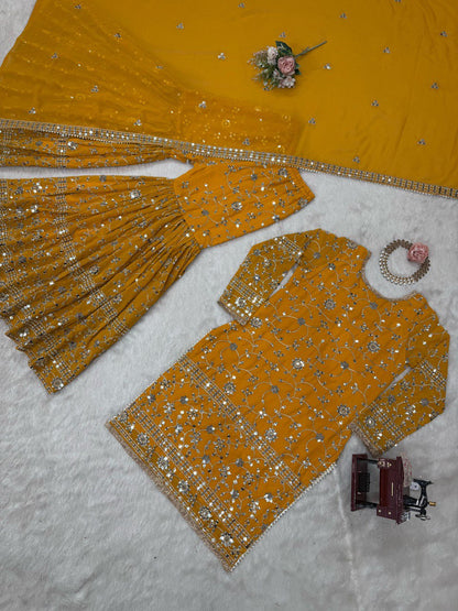 Captivating Mustard Color Faux Georgette And Thread With 9mm Sequence Work Sharara Suit