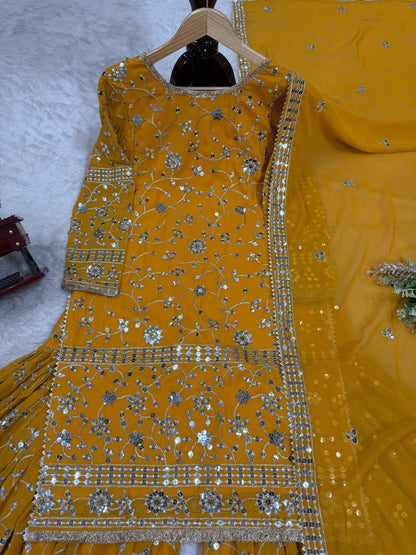 Captivating Mustard Color Faux Georgette And Thread With 9mm Sequence Work Sharara Suit