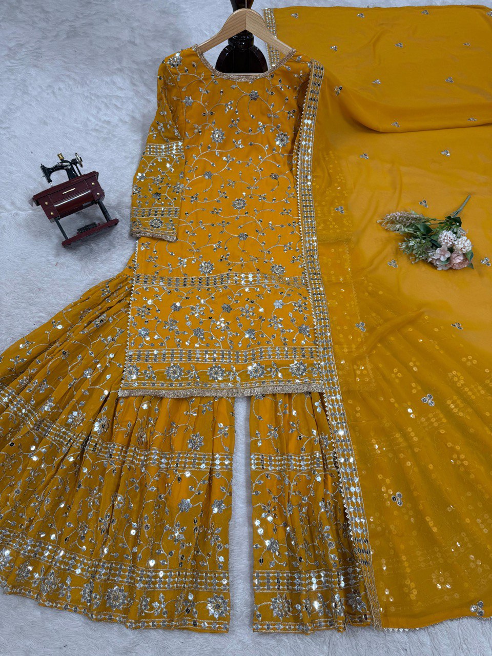 Captivating Mustard Color Faux Georgette And Thread With 9mm Sequence Work Sharara Suit