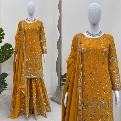 Captivating Mustard Color Faux Georgette And Thread With 9mm Sequence Work Sharara Suit