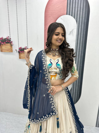 Party Wear Pure Tissue Silk With Heavy Thread And Sequence Work Designer Lehenga Choli