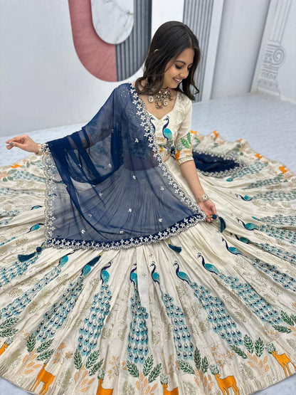 Party Wear Pure Tissue Silk With Heavy Thread And Sequence Work Designer Lehenga Choli