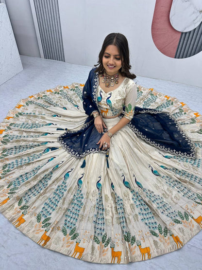 Party Wear Pure Tissue Silk With Heavy Thread And Sequence Work Designer Lehenga Choli