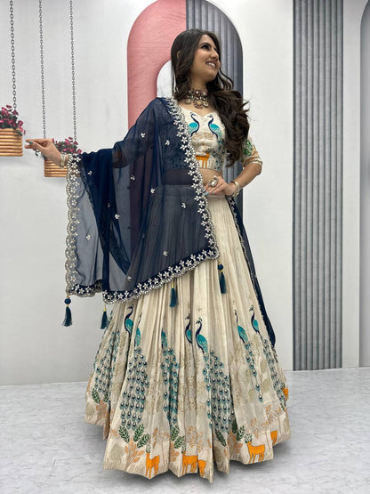 Party Wear Pure Tissue Silk With Heavy Thread And Sequence Work Designer Lehenga Choli