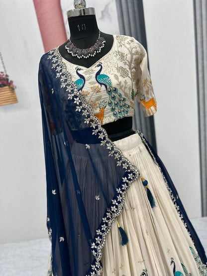 Party Wear Pure Tissue Silk With Heavy Thread And Sequence Work Designer Lehenga Choli