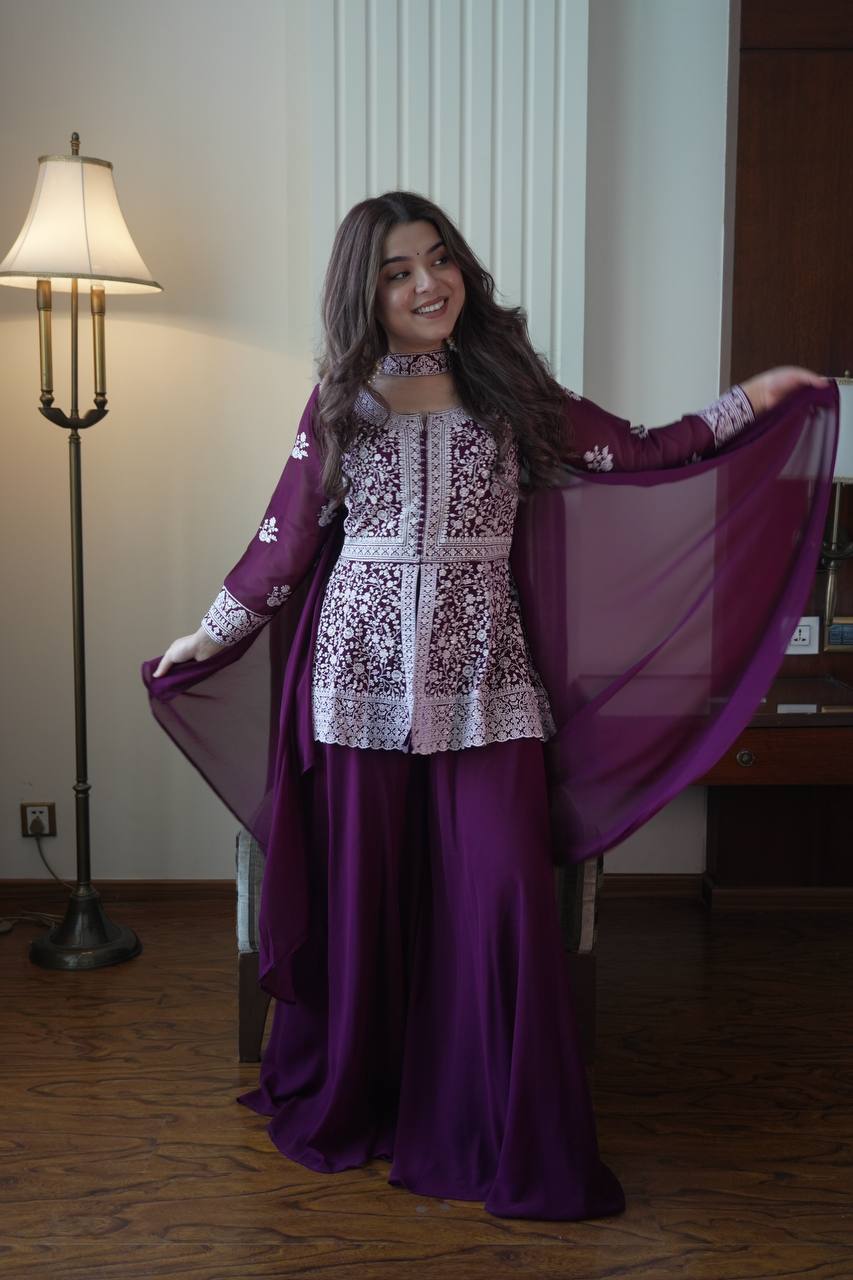Purple Color Georgette Embroidered Top With Palazzo Suit