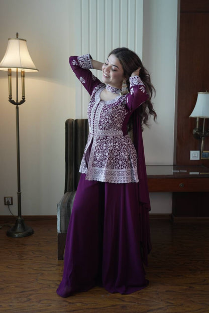 Purple Color Georgette Embroidered Top With Palazzo Suit