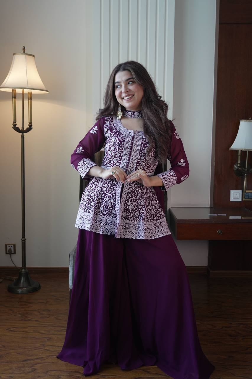 Purple Color Georgette Embroidered Top With Palazzo Suit