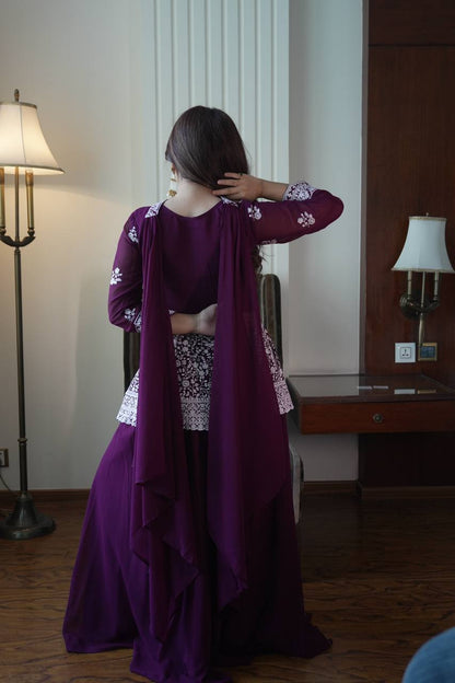 Purple Color Georgette Embroidered Top With Palazzo Suit