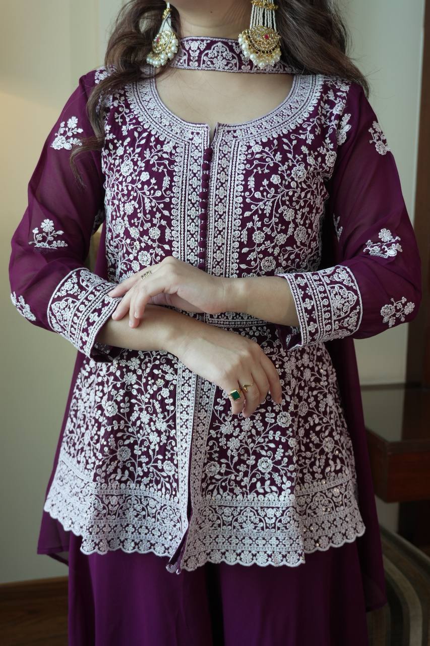 Purple Color Georgette Embroidered Top With Palazzo Suit