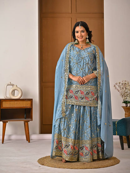Designer Sky Blue Heavy Chinon Silk Sharara Wedding Wear Palazzo Suit