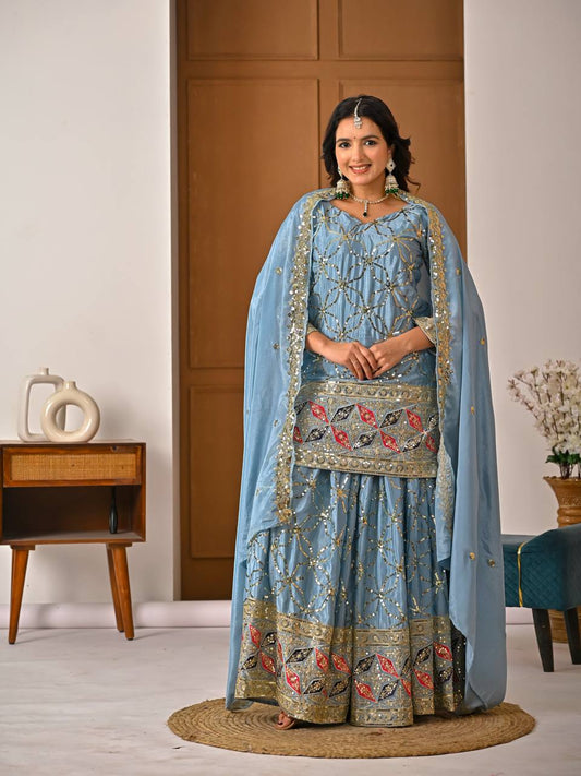 Designer Sky Blue Heavy Chinon Silk Sharara Wedding Wear Palazzo Suit