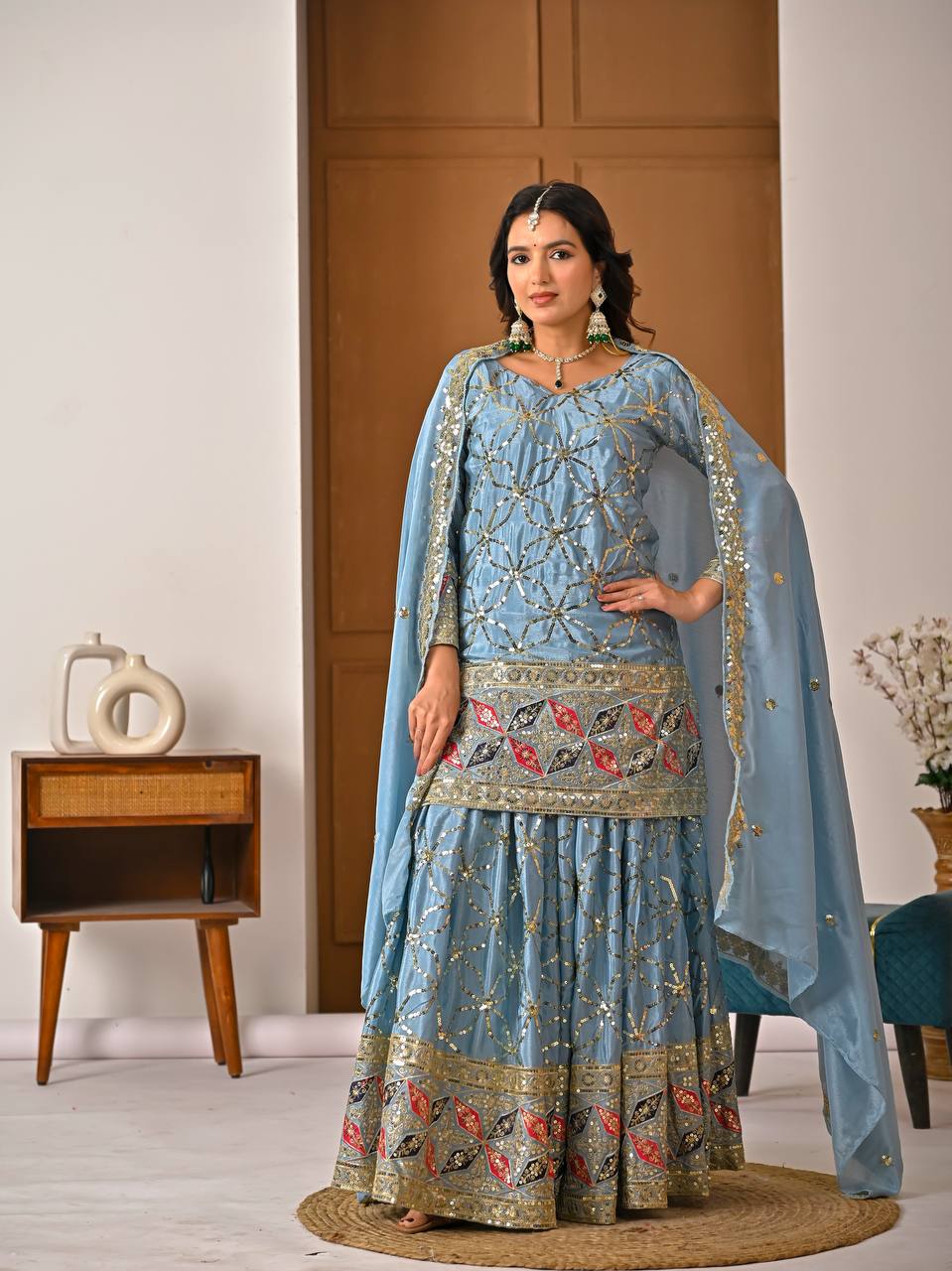 Designer Sky Blue Heavy Chinon Silk Sharara Wedding Wear Palazzo Suit