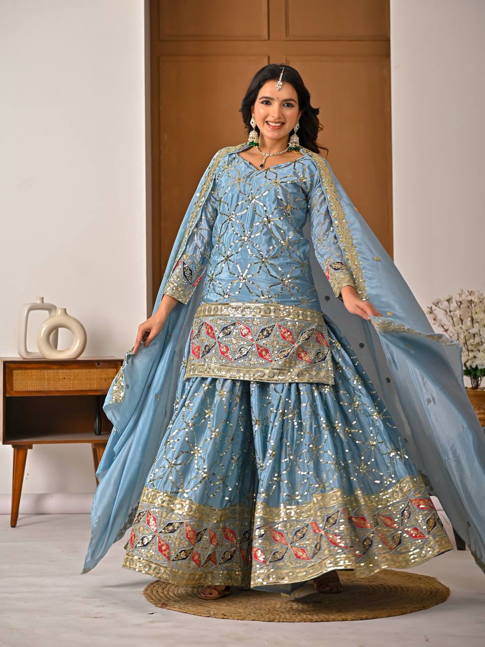 Designer Sky Blue Heavy Chinon Silk Sharara Wedding Wear Palazzo Suit