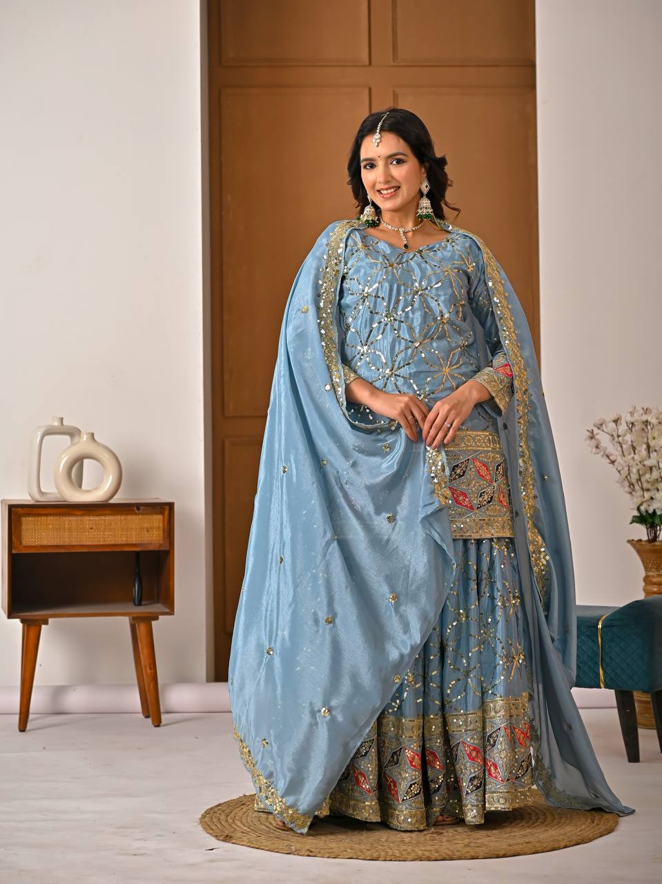 Designer Sky Blue Heavy Chinon Silk Sharara Wedding Wear Palazzo Suit