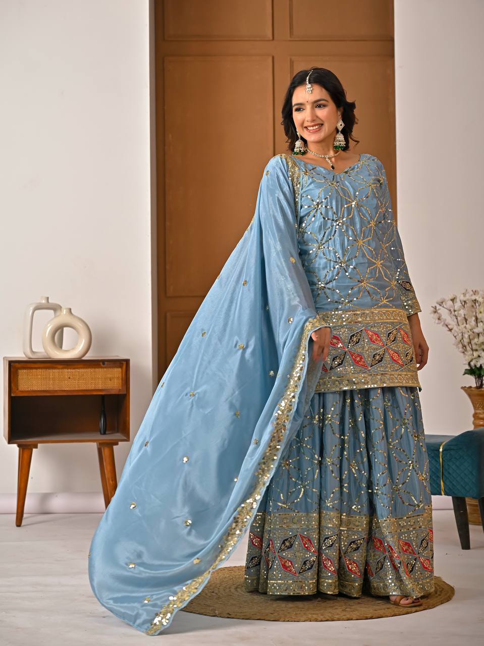 Designer Sky Blue Heavy Chinon Silk Sharara Wedding Wear Palazzo Suit