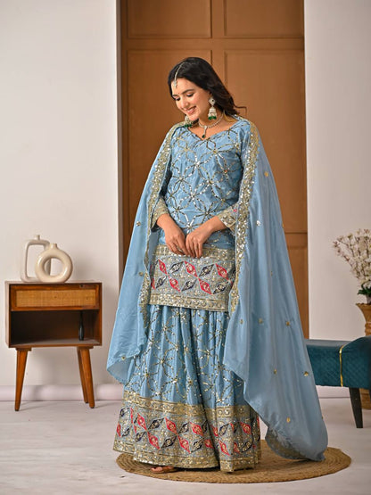Designer Sky Blue Heavy Chinon Silk Sharara Wedding Wear Palazzo Suit