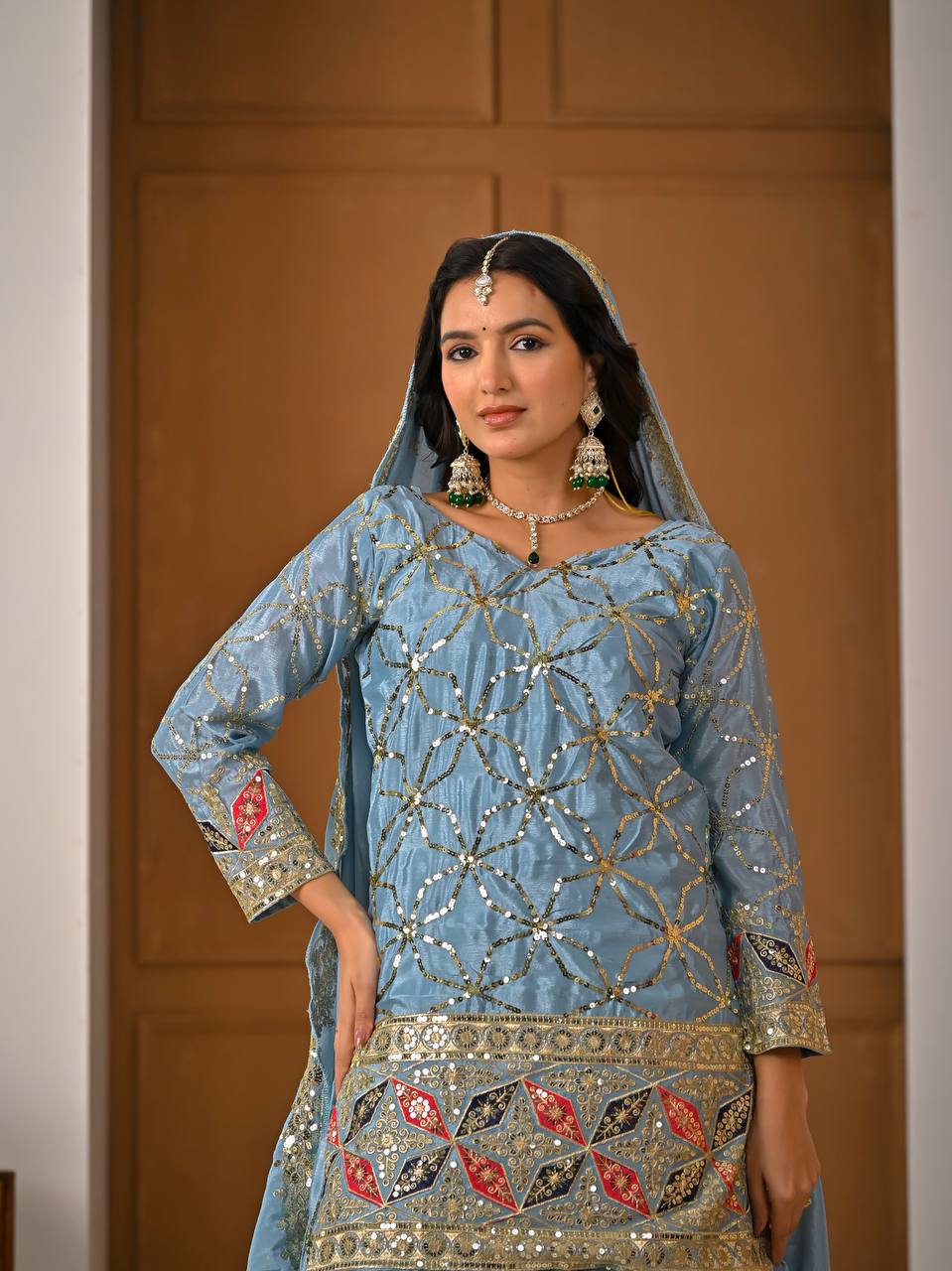 Designer Sky Blue Heavy Chinon Silk Sharara Wedding Wear Palazzo Suit