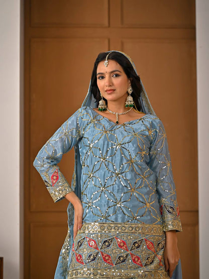 Designer Sky Blue Heavy Chinon Silk Sharara Wedding Wear Palazzo Suit