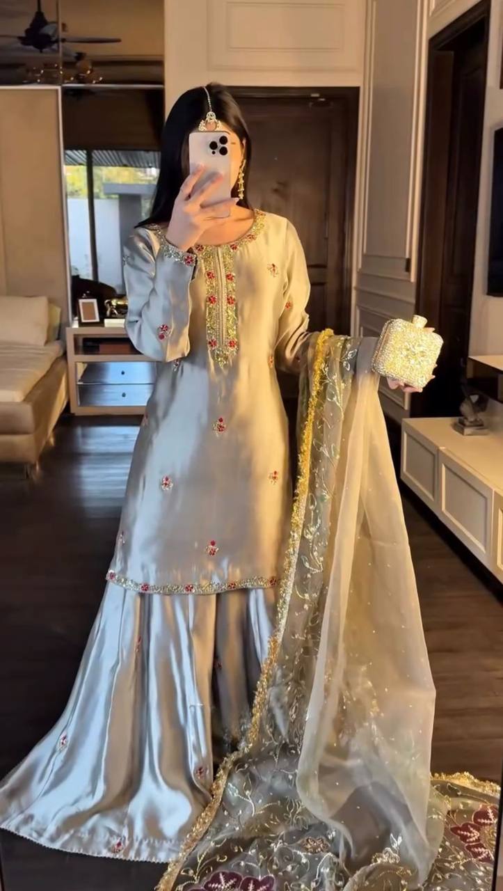 Designer Cream Color Japan Satin Silk Wedding Wear Palazzo Suit