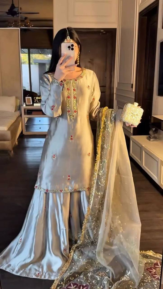 Designer Cream Color Japan Satin Silk Wedding Wear Palazzo Suit