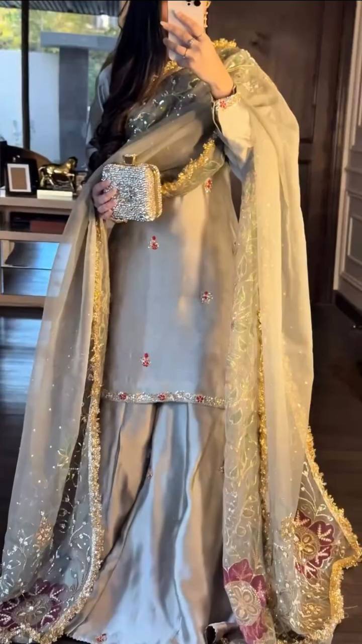 Designer Cream Color Japan Satin Silk Wedding Wear Palazzo Suit