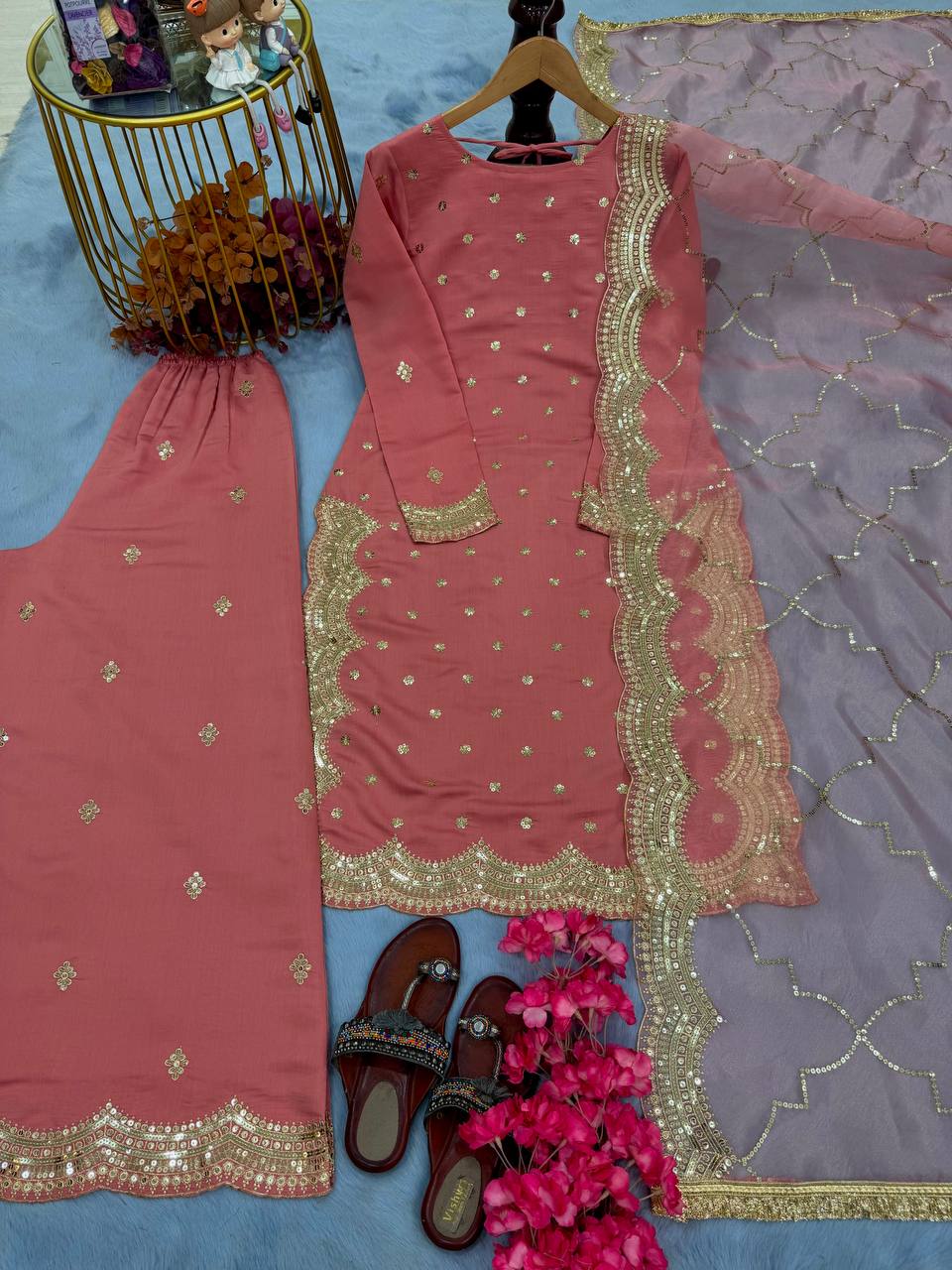 Fabulous Peach Color Heavy Roman Silk With Embroidery Sequence Work Palazzo Suit