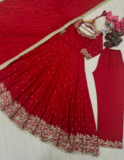 Stylist Maroon Color Heavy Pure Vichitra Silk With Embroidery 5mm Sequence Work Anarkali Gown