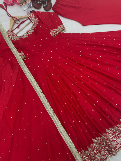 Stylist Maroon Color Heavy Pure Vichitra Silk With Embroidery 5mm Sequence Work Anarkali Gown
