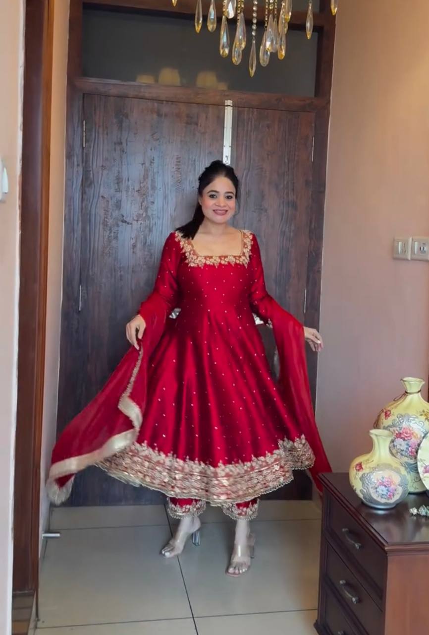 Stylist Maroon Color Heavy Pure Vichitra Silk With Embroidery 5mm Sequence Work Anarkali Gown