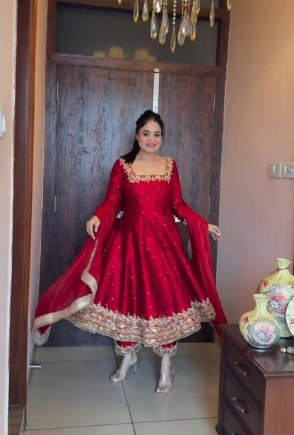 Stylist Maroon Color Heavy Pure Vichitra Silk With Embroidery 5mm Sequence Work Anarkali Gown