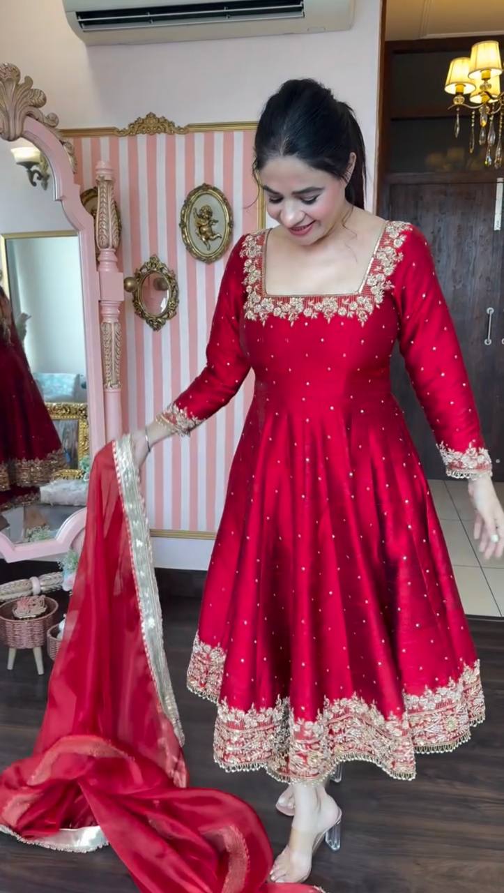 Stylist Maroon Color Heavy Pure Vichitra Silk With Embroidery 5mm Sequence Work Anarkali Gown