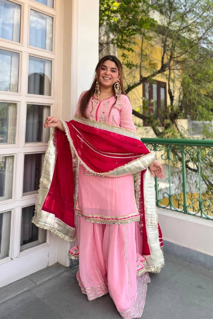 Neha Pink Color Chinon Silk Embroidered Work Sharara Suit