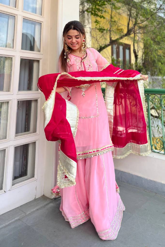 Neha Pink Color Chinon Silk Embroidered Work Sharara Suit
