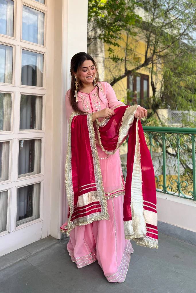 Neha Pink Color Chinon Silk Embroidered Work Sharara Suit