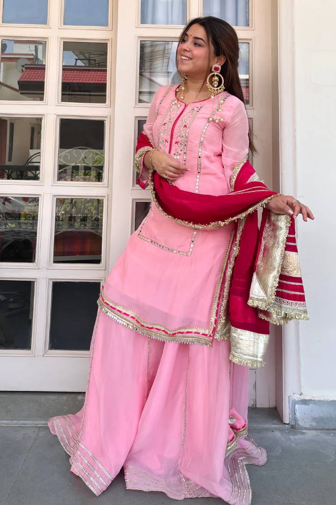 Neha Pink Color Chinon Silk Embroidered Work Sharara Suit