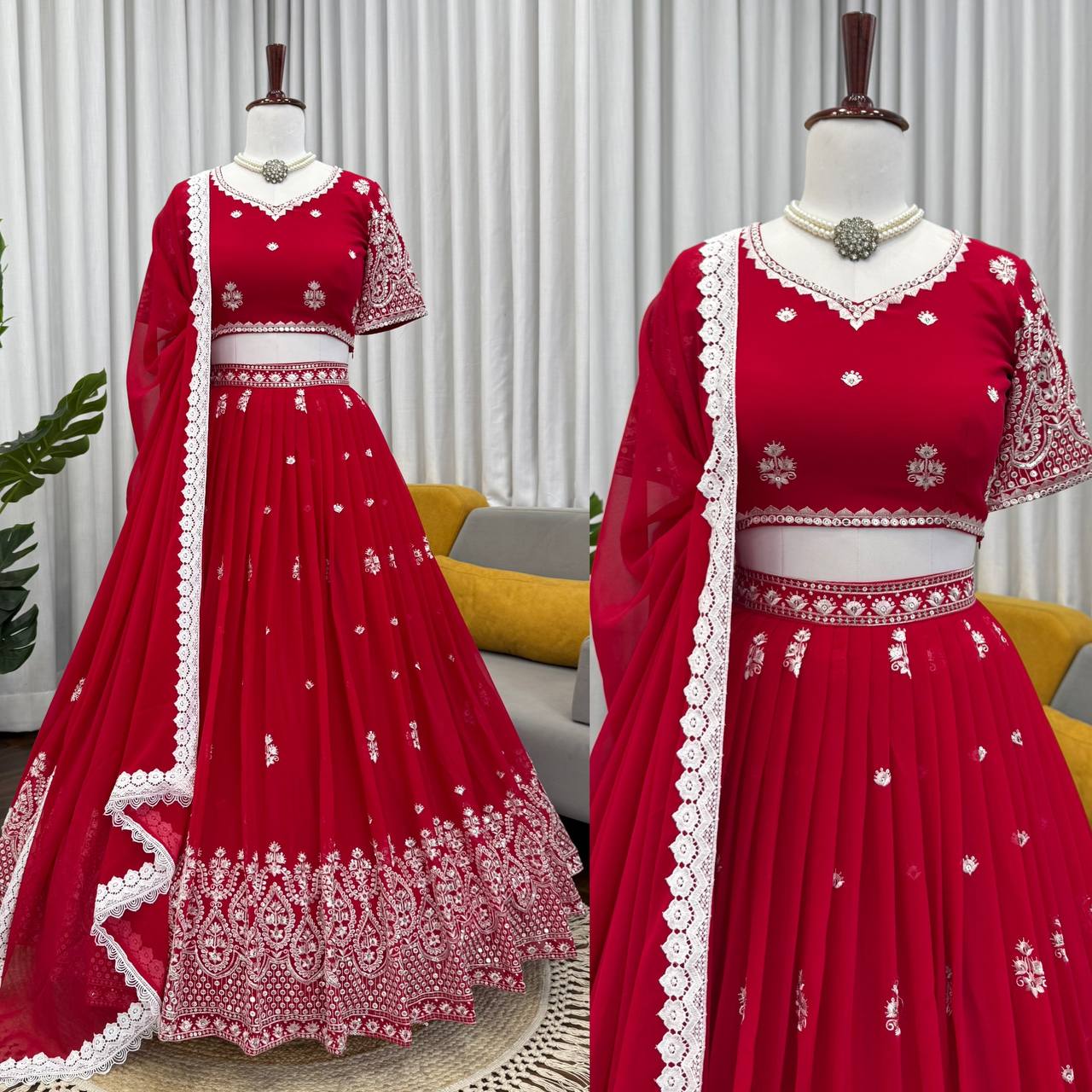 Reception Wear Red Color Georgette Lehenga Choli With Dupatta Set