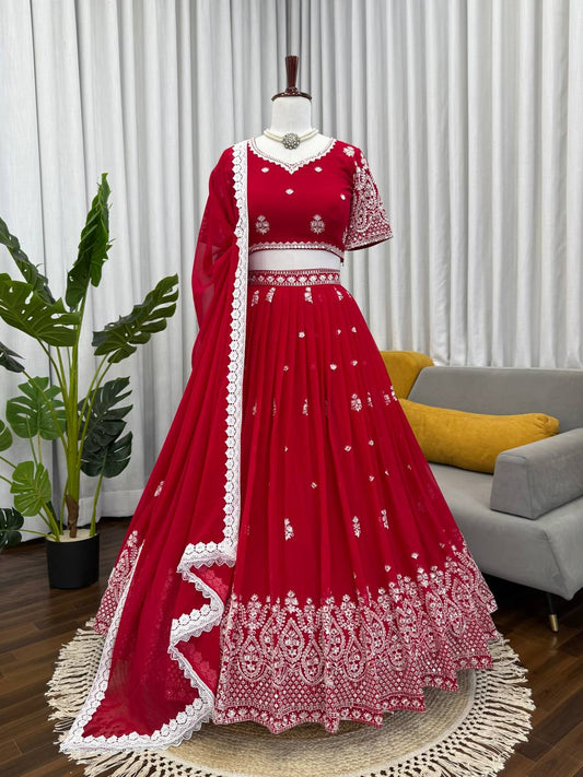 Reception Wear Red Color Georgette Lehenga Choli With Dupatta Set