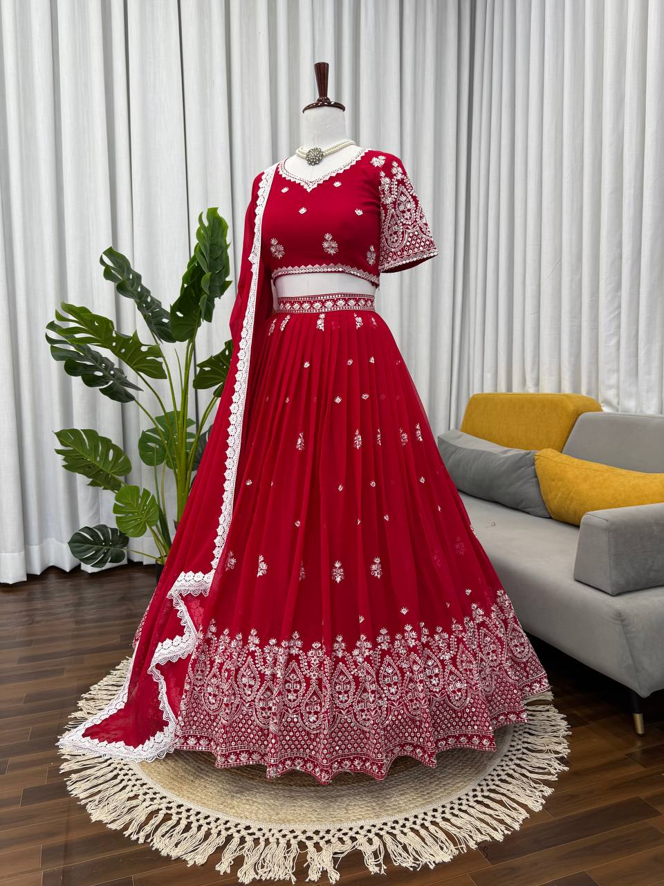 Reception Wear Red Color Georgette Lehenga Choli With Dupatta Set