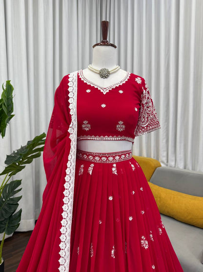 Reception Wear Red Color Georgette Lehenga Choli With Dupatta Set