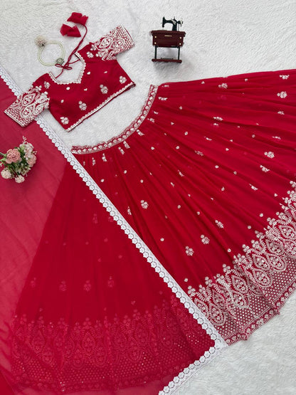 Reception Wear Red Color Georgette Lehenga Choli With Dupatta Set