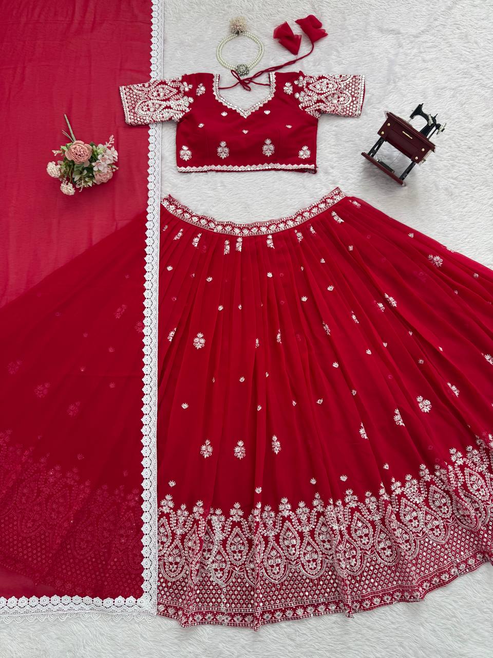 Reception Wear Red Color Georgette Lehenga Choli With Dupatta Set