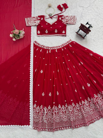 Reception Wear Red Color Georgette Lehenga Choli With Dupatta Set